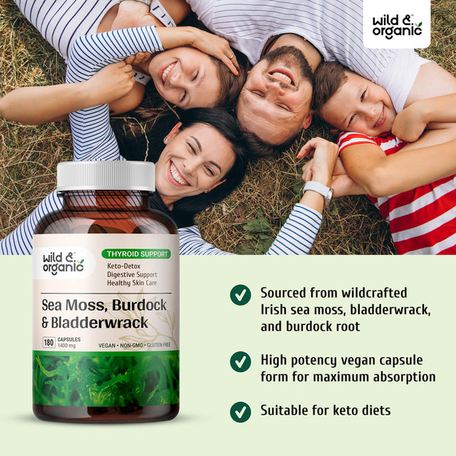 Wild & Organic Sea Moss 180 Capsules for Thyroid & Digestive Health W/ Irish Moss, Burdock Root & Bladderwrack