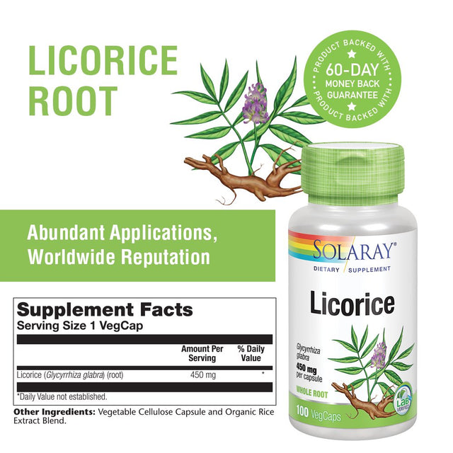 Solaray Licorice Root 450Mg | Healthy Digestive System, Liver & Menopausal Support Formula | Non-Gmo | Vegan | 100 Vegcaps