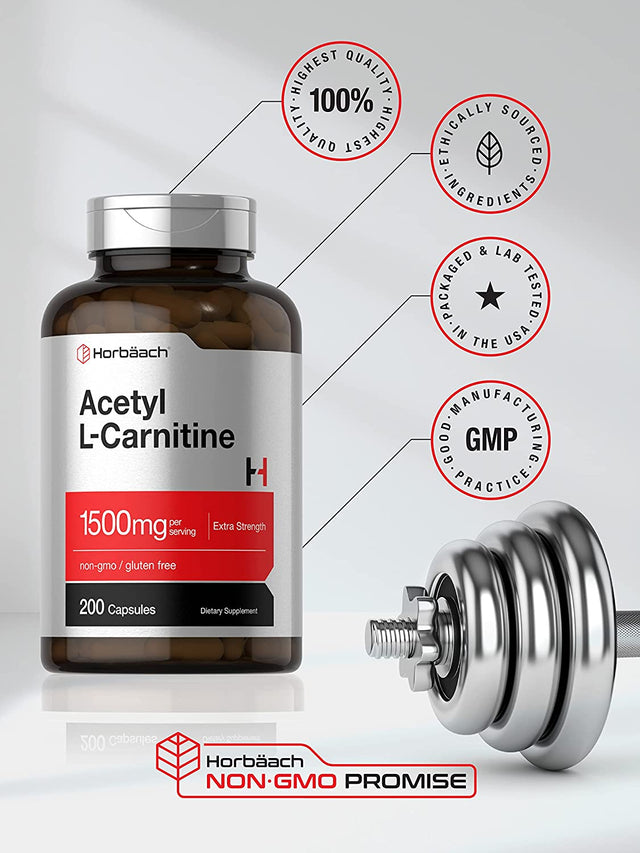 Acetyl L-Carnitine 1500Mg | 200 Capsules | Extra Strength ALCAR Supplement | Non-Gmo, Gluten Free | by Horbaach