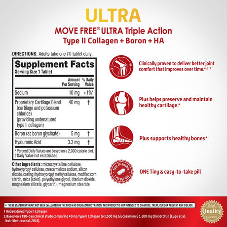 Move Free Ultra Triple Action Joint Supplement with Type II Collagen, Boron, and Hyaluronic Acid - 30 Tablets