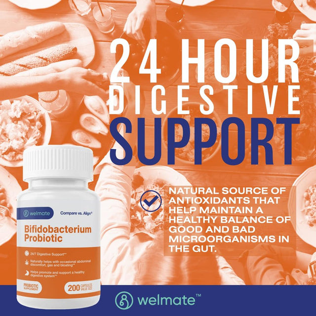 Welmate Bifidobacterium Probiotic Supplement - 24/7 Digestive Support - 200 Count Capsules