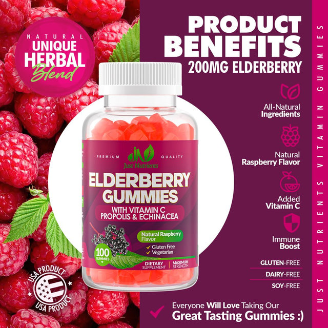 Elderberry Sambucus Gummies with Vitamin C, Echinacea, Propolis for Kids & Adults - 100 Gummies