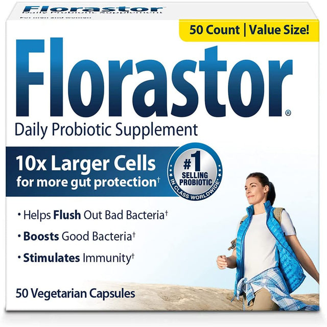 Florastor Unisex Daily Probiotic Supplement Capsules for Digestive Health, 50 Count