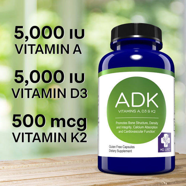 MD. Life ADK Bone Health Support, Vitamin A, Vitamin D3 & Vitamin K2 (MK 7), 90 Ct.