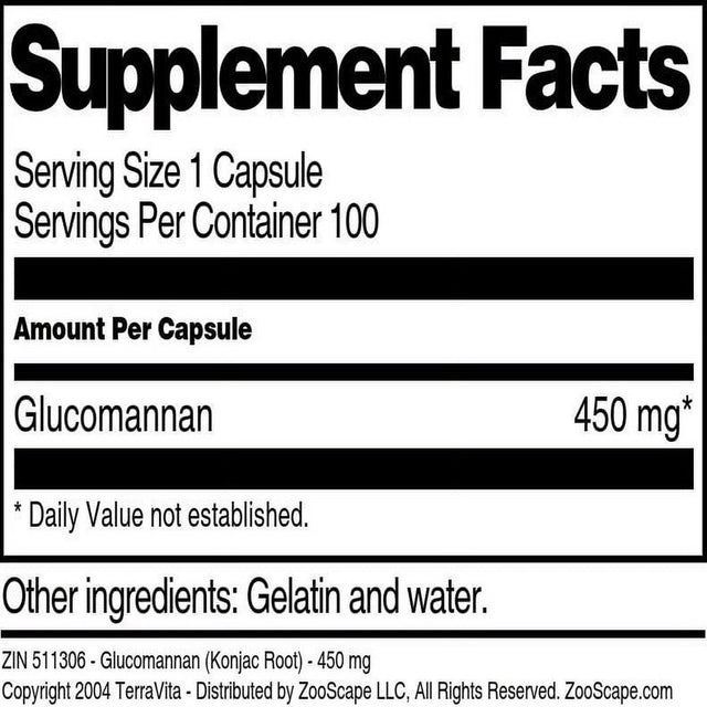 Terravita Glucomannan (Konjac Root) - 450 Mg, (100 Capsules, 1-Pack, Zin: 511306)