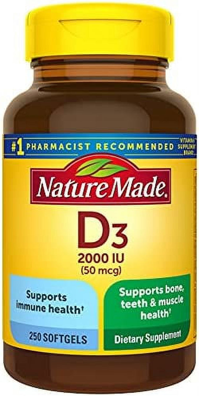 Nature Made Vitamin D3 2000 IU (50 Mcg), Dietary Supplement for Bone, Teeth, Muscle and Immune Health Support, 250 Softgels, 250 Day Supply