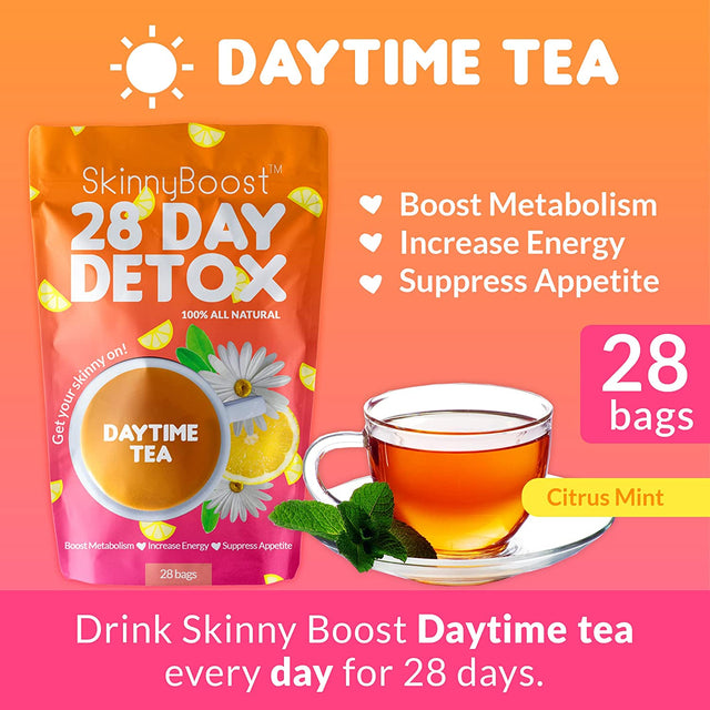 Skinny Boost 28 Day Detox Bundle- 2 Daytime Teas(28 Tea Bags) 3 Evening Tea(14 Tea Bags) Detox, Cleanse, Supports Metabolism Boost, All Natural, Vegan, Non GMO, Keto Friendly