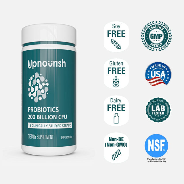 Upnourish 200 Billion Cfus Probiotics for Women & Men, Daily Probiotics Supplement with Organic Prebiotics, Digestive Enzymes, 15 Clinically Tested Strains, Immune & Gut Health Support - 60 Capsules