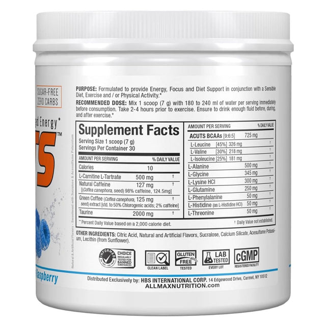 ALLMAX A:CUTS Amino-Charged Energy Drink, Blue Raspberry - 210 G - with Caffeine, Green Coffee Extract, L-Carnitine & 2000 Mg of Taurine - Sugar & Gluten Free - 30 Servings