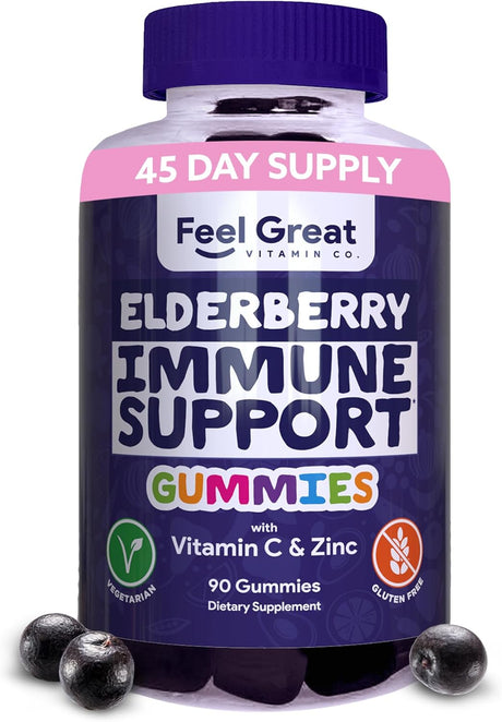 Feel Great Sambucus Elderberry Gummies for Adults | Elderberry and Zinc Immune System Booster Gummy Vitamins | Vegan Immune Gummies for Adults, 90 Count