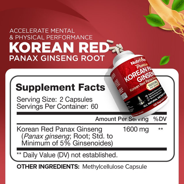 Nutrivein Korean Red Panax Ginseng 1600Mg - 120 Vegan Capsules - for Energy, Libido