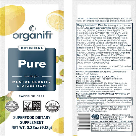 Organifi: Pure Smart Packs - Organic Brain Boost Superfood Solution Revitalize & Alkalize for Daily Mental Focu 30 Packets - Lemon Flavor (Box Open but Unused)