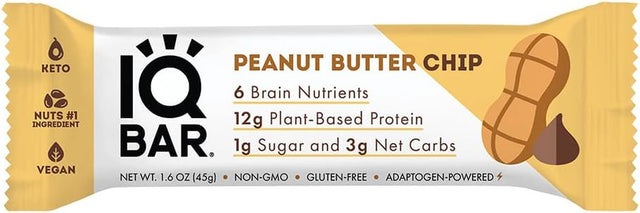 IQBAR Brain and Body Keto Protein Bars - Peanut Butter Chip Keto Bars - 4 Count Energy Bars - Low Carb Protein Bars - High Fiber Vegan Bars and Low Sugar Meal Replacement Bars - Vegan Snack