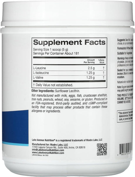 Lake Avenue Nutrition Instantized BCAA Powder, Unflavored, 32 Oz (907 G)