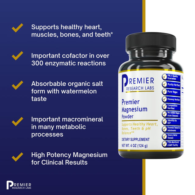 Premier Research Labs Magnesium - Supports Healthy Heart, Bones, Teeth & Ph Balance - Magnesium Lactate Powder - Highly Absorbable Magnesium Source - Watermelon Flavor without Added Sugar - 4 Oz