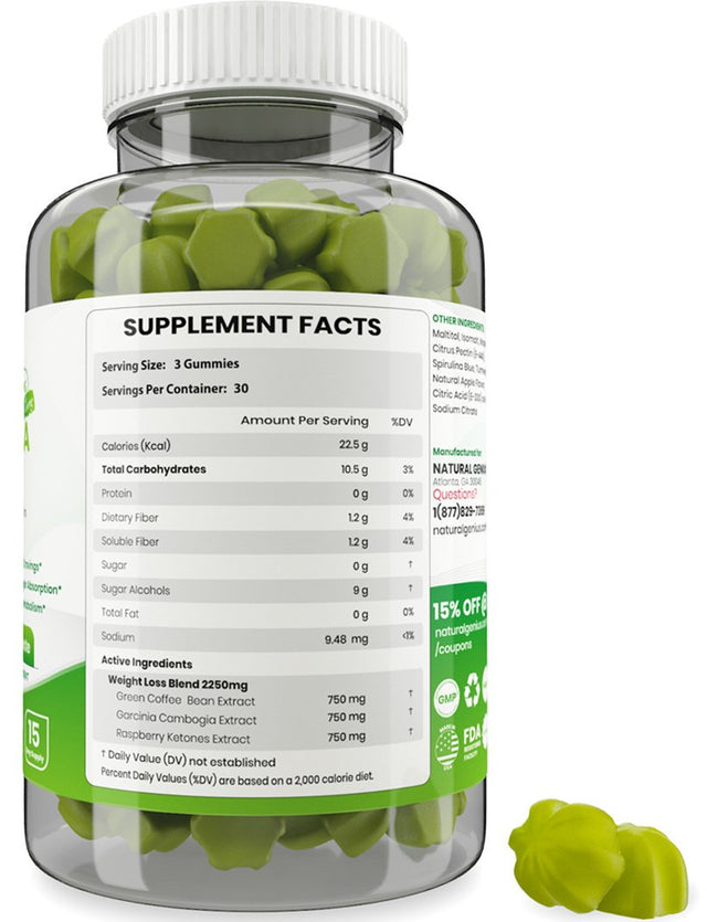 Natural Genius Garcinia Cambogia Gummies, Appetite Suppressant with Green Coffee, Raspberry Ketones for Weight Loss 90 Ct