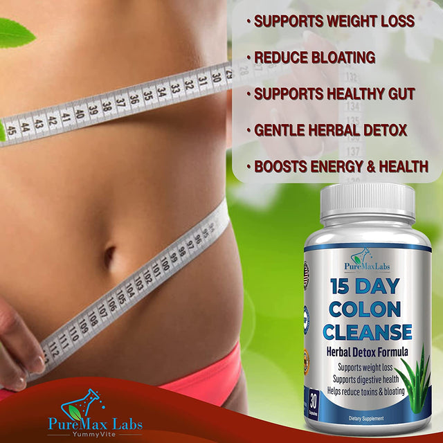 15 Day Colon Cleanse and Detox, Herbal Detox Formula, Supports Weight Loss, Constipation Relief - Boosts Energy. Flush Toxins, Natural Safe Colon Cleanser for Men and Women - 30 Capsules