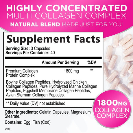 Multi Collagen Peptides, Hydrolyzed Collagen Protein for High Absorption, Type I, II, III, V, X Gluten Free, Radiant Hair, Skin, Nails & Joint Support, Collagen Pills Supplement Non-Gmo - 120 Capsules