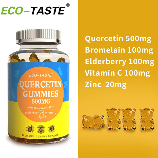 Eco-Taste Quercetin Gummies 500Mg with Vitamin C, Bromelain, Zinc, and Elderberry for Adults, 60 Gummies