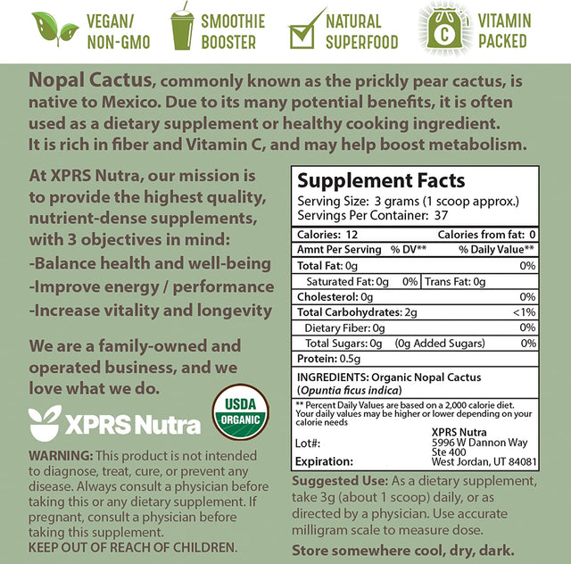 XPRS Nutra Organic Nopal Cactus Powder - Prickly Pear Supplement Nopal Powder from Mexico - High in Dietary Fiber, Calcium and Vitamin C - Nopal Powder Superfood for Digestion (4 Oz)