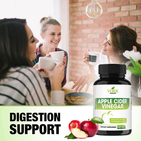 Verde Nutrition Apple Cider Vinegar Capsules 60 Potent 500Mg Colon Cleanser| Non-Gmo, Tasteless Appetite Suppressant | Natural Detox Cleanse for Weight Loss Pills, Digestive, Immune & Energy Boosting