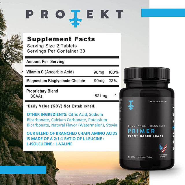 PRIMER - Plant-Based BCAA Supplement with Vitamin C - 60 Effervescent Tablets - Vegan BCAA - Watermelon Flavor - Maximum Absorption for Optimal Performance and Faster Recovery