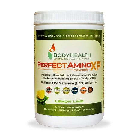 Bodyhealth Perfectamino XP Lemon Lime, Best Pre/Post Workout Recovery Drink, 8 Essential Amino Acids Energy Supplement with 50% Bcaas, 100% Organic, 99% Utilization, 30 Servings