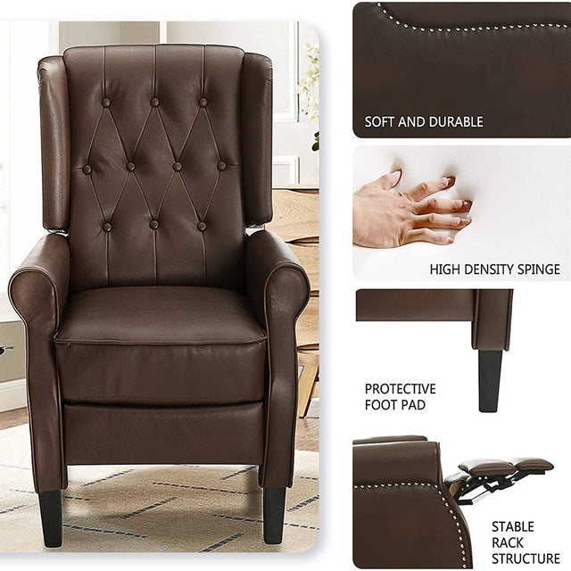 MERITLIFE Leather Push Back Recliner Chairs with Thick Seat, Nailhead Accents, Button-Meritlife Tufted Leather Wing Recliner, Easy Assembly (Brown)