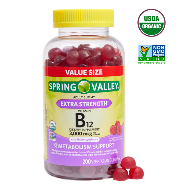 Spring Valley Non GMO Vitamin B12 Vegetarian Gummies, Raspberry, 3000 Mcg, 200 Count Value Size