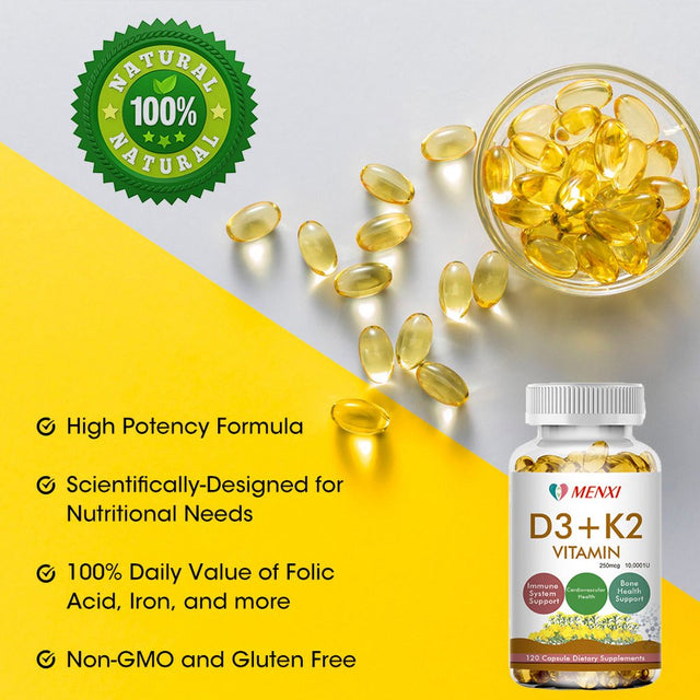 Max Strength Vitamin D3 K2, 2 in 1 Formula, Bone & Heart Health - Immune Support and Calcium Absorption, Gluten Free, 120 Count