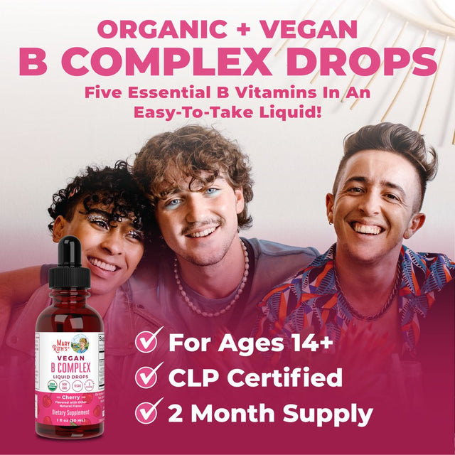 Maryruth Organics | USDA Organic Vegan Vitamin B Complex Liquid Drops | Cherry Flavor | Vegan, Non-Gmo | 1 Fl Oz / 30 Ml