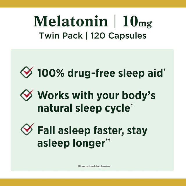 Melatonin by Nature'S Bounty, 100% Drug Free Sleep Aid, Dietary Supplement, Promotes Relaxation and Sleep Health, 10Mg, 60 Count(Pack of 2)