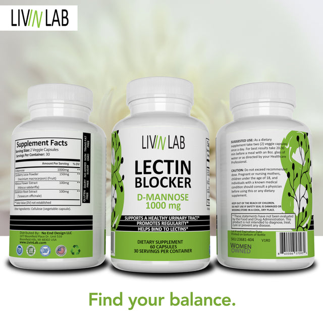 Livin Lab Lectin Blocker | D-Mannose 1000 Mg | Cleanse Urinary Tract | Dietary Supplement to Digestive Health