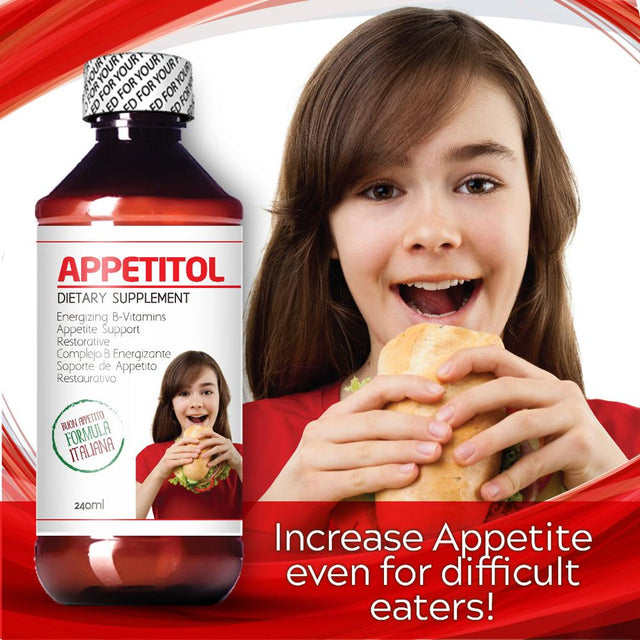 Appetitol Appetite-Weight Gain. Natural Appetite and Weight Gain Stimulant for Underweight Children Fortified with Vitamins B1,B2,B3,B5,B6,B12,Folic Acid, Iron, Zinc, Flax Seed Oil. ( 8 Fl Oz)