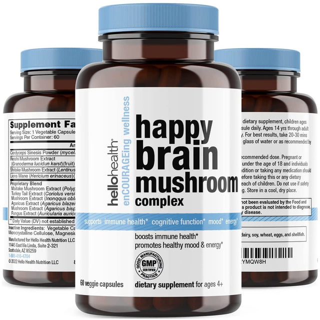 Hello Health Happy Brain - Nootropics Brain Supplement with 10 Brain Support Mushrooms, Mental Clarity, Stress Relief & Immune Support - 60 Capsules