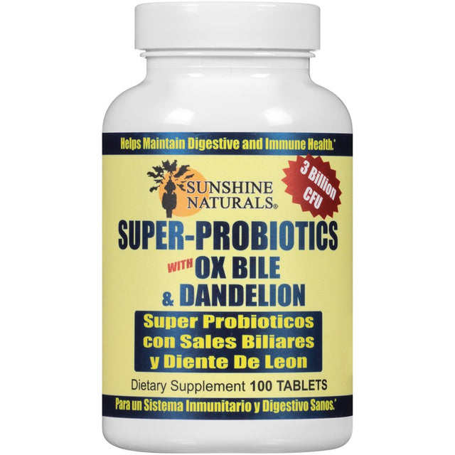 Sunshine Naturals Super Probiotics for Women and Men with Ox Bile & Dandelion, Digestive Enzymes Dietary Supplement - 100 Tablets