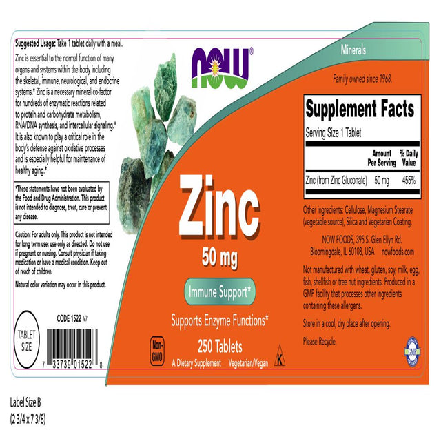 NOW Supplements, Zinc (Zinc Gluconate) 50 Mg, Supports Enzyme Functions*, Immune Support*, 250 Tablets - 2 Pack