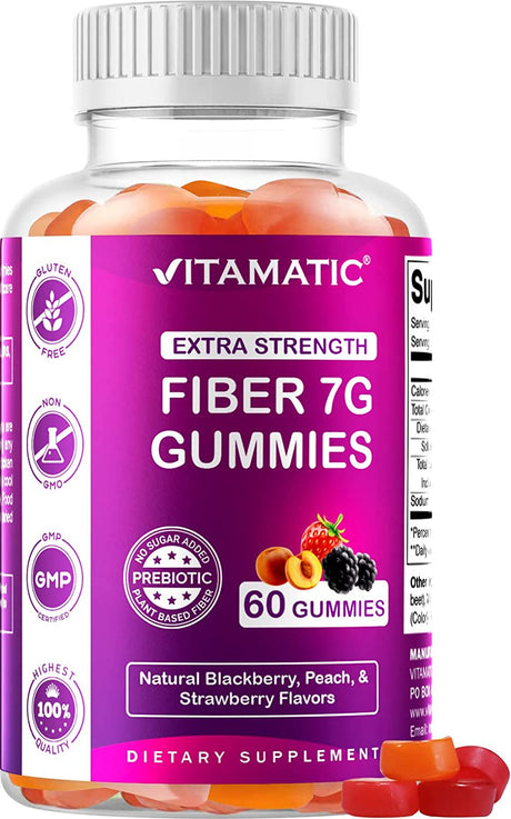 Vitamatic Prebiotic Fiber Gummies for Adults - 7G Fiber Extra Strength - Zero Sugar Added - 60 Pectin Based Gummies - Digestive Health & Regularity Support