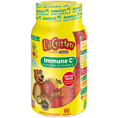 L’Il Critters Immune C Daily Gummy Supplement Vitamin for Kids, for Vitamin C, D and Zinc for Immune Support, Orange, Lemon and Cherry Flavors, 60 Gummies