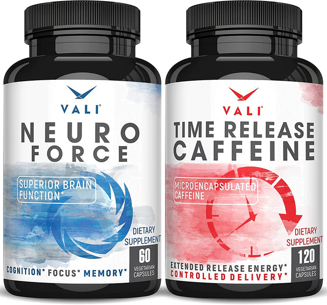 VALI Time Release Caffeine Neuro Force Bundle - Smart Slow Release Caffeine for Extended Energy, Focus & Alertness and Nootropic Brain Booster Supplement for Focus, Memory, Clarity & Energy