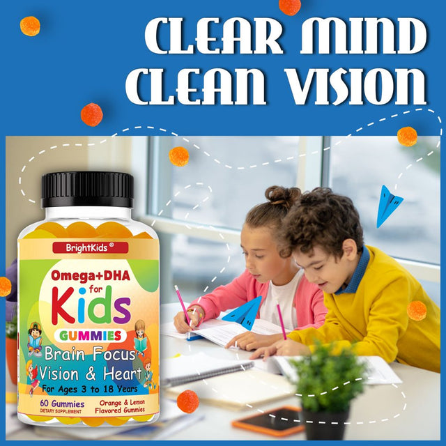 Brightkids Brain Focus, Vision & Heart Health Formula, Omega 3 Gummies +DHA, Support Focus Attention Memory Cognition Focus Formula for Kids 60 Gummies