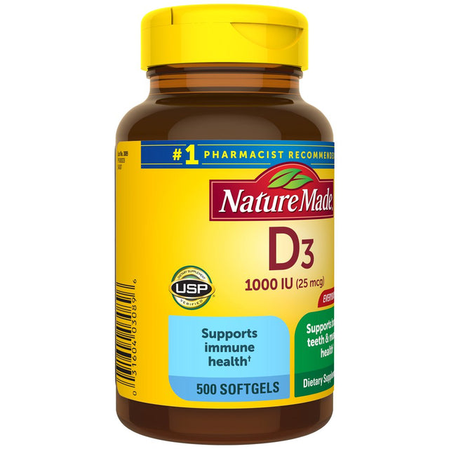 Nature Made Vitamin D3 1000 IU (25 Mcg) Softgels, Dietary Supplement for Bone and Immune Health Support, 500 Count