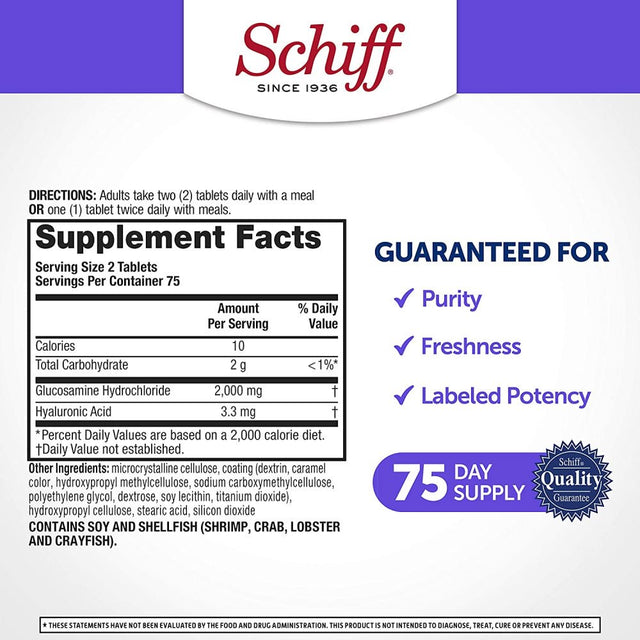 Schiff Glucosamine with Hyaluronic Acid, 2000Mg Glucosamine, Joint Care Supplement Helps Lubricate & Protect Joints*, 150 Count