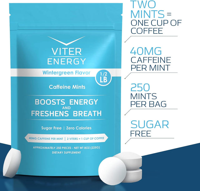 Viter Energy Original Caffeine Mints Wintergreen Flavor 6 Pack and 1/2 Pound Bulk Bag Bundle - 40Mg Caffeine, B Vitamins, Sugar Free, Vegan, Powerful Energy Booster for Focus and Alertness