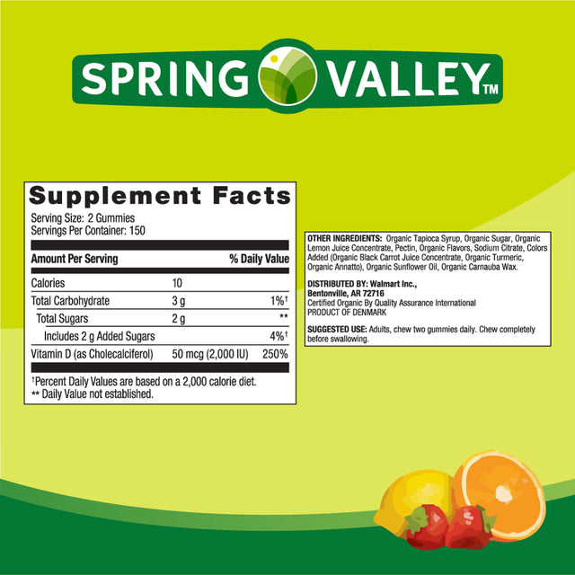 Spring Valley Non GMO Vitamin D3 Vegetarian Gummies, Assorted Fruits, 50 Mcg, 300 Count Value Size