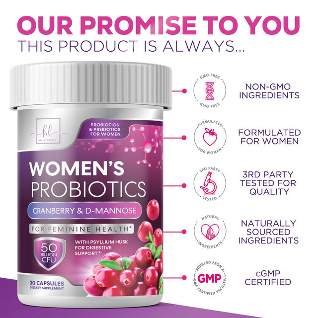 Hello Lovely! Formulated Probiotics for Women, 50 Billion CFU + Prebiotics & Cranberry, Vaginal Women'S Probiotic for Digestive Health, Ph & Immune Support, 9 Strains, Shelf Stable - 30 Capsules