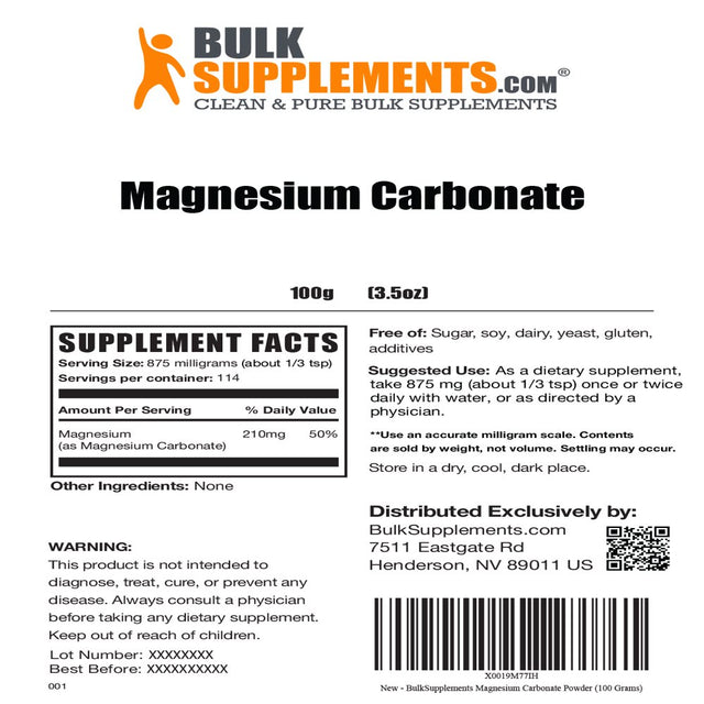 Bulksupplements.Com Magnesium Carbonate Powder - Magnesium Powder Supplement - Magnesium for Constipation - Sleep Powder (100 Grams)