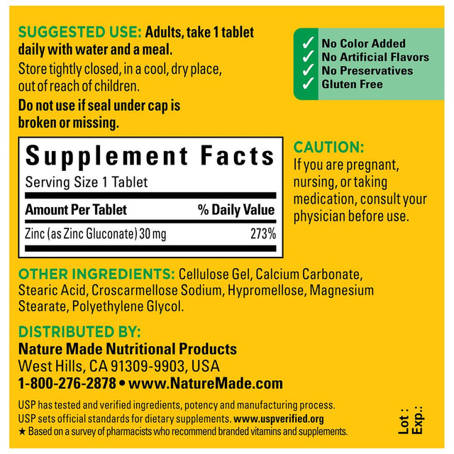 Nature Made Zinc 30 Mg Tablets, Dietary Supplement for Immune Support, 100 Count