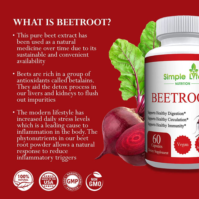 Organic Beet Root Powder Capsules - Nitric Oxide Booster for Men & Women - Organic Non-Gmo Gluten Free Vegan Beets - 60CT