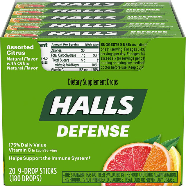 HALLS Defense Vitamin C Assorted Citrus Cough Drops,20 Packs of 9 Drops (180 Total Drops)